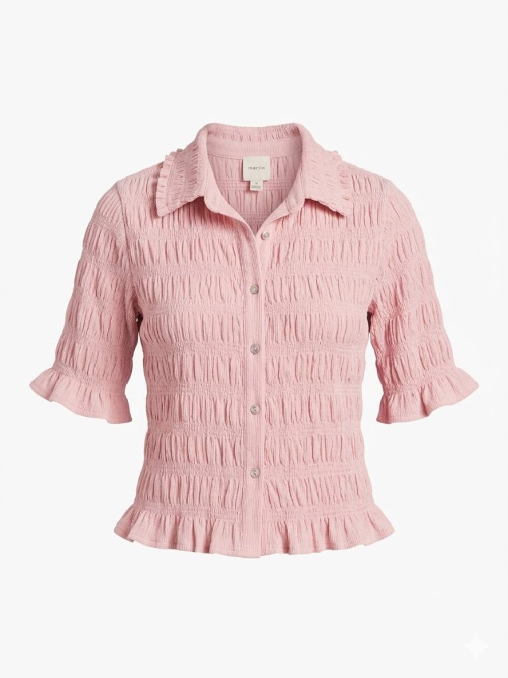 Maeve Pink Smocked Button-Front Ruffle Top | SMALL